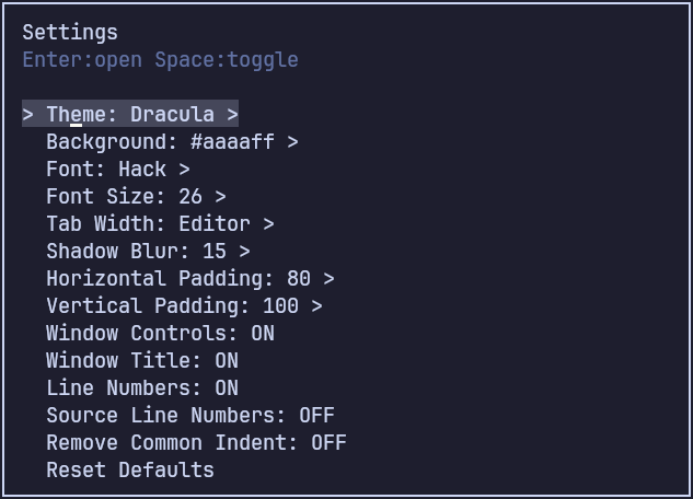 CodeSnap settings menu