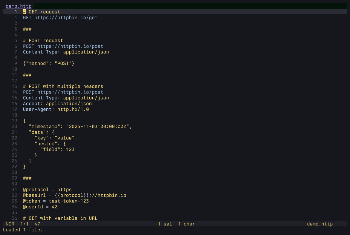 An asciinema recording of HTTP requests being executed in Helix